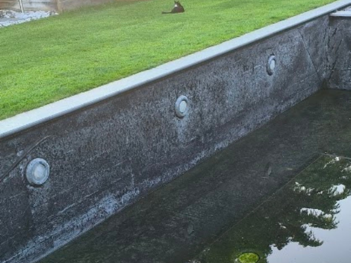 Donkere epdm vijvermuur met metalen ringen en een groen gazon ernaast, reflectie in water.